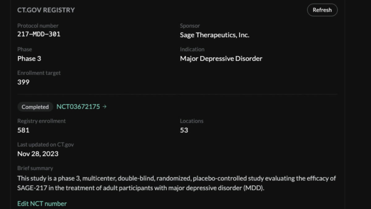 Total Recruitment showing a trial protocol after upload, with registry details: protocol number, sponsor, phase, indication, enrollment target, and the linked NCT record.